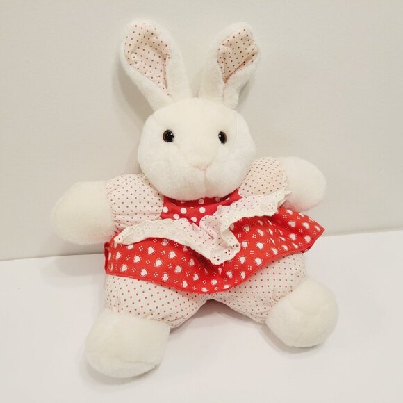 Vintage White Fluffy Bunny Plush with Red Heart Dress Apron Polka Dot Bottoms - Picture 2 of 6